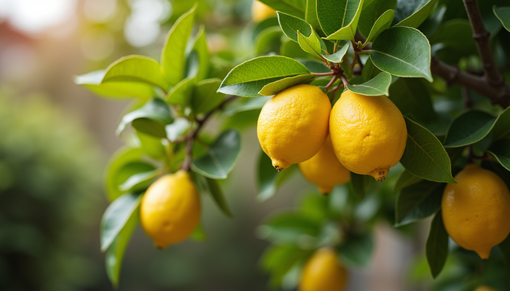Eye-level view of a healthy lemon tree with ripe yellow lemons hanging from its branches