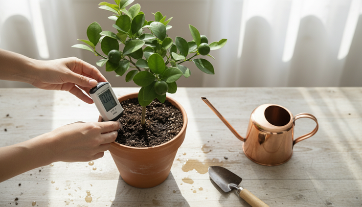 Top-down view of hands checking the soil moisture of a potted lime tree.