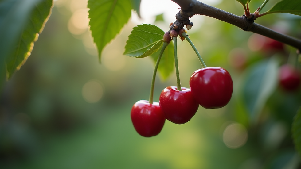 Eye-level view of ripe cherries on a tree branch