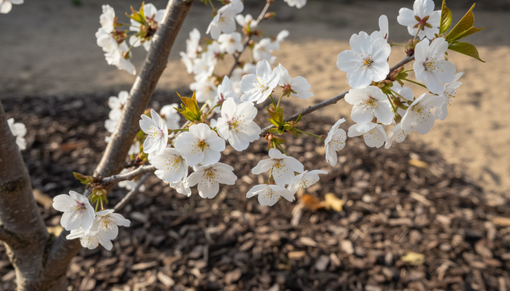 Close-up view of white cherry blossoms on a low-chill cherry tree branch