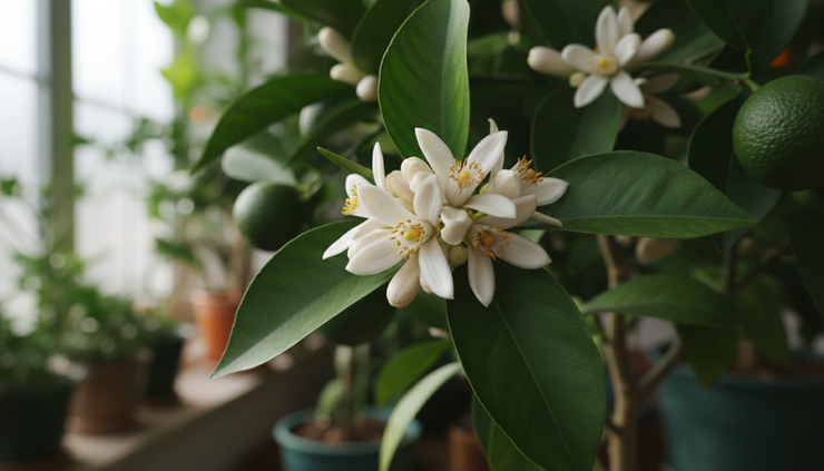Close-up view of white blood orange blossoms on glossy green leaves.