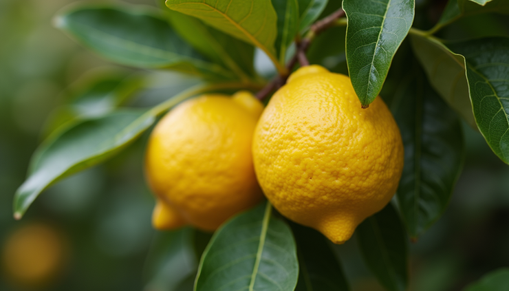 Close-up view of ripe lemons hanging on a lemon tree branch with green leaves