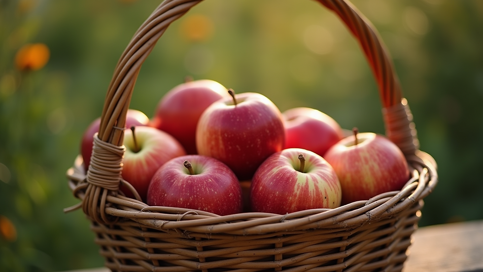 High angle view of a basket filled with freshly picked apples