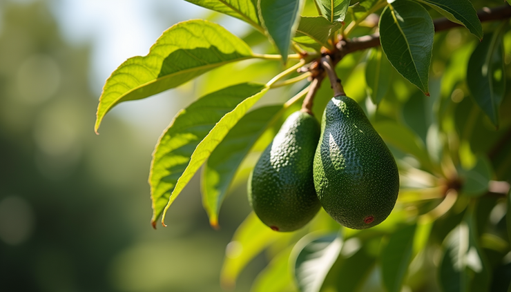 High angle view of ripe avocados hanging on a mature tree in a Perth garden