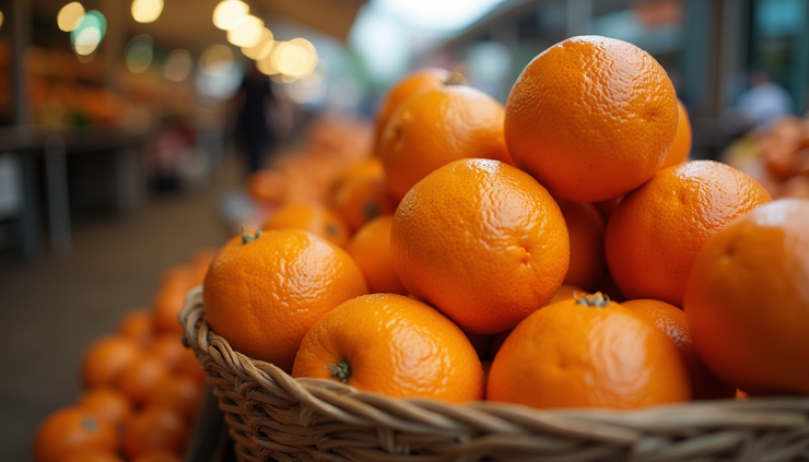 Eye-level view of a Perth farmers market stall displaying fresh blood oranges in baskets