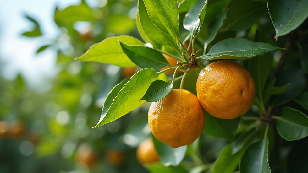 Eye-level view of a citrus tree with vibrant green leaves