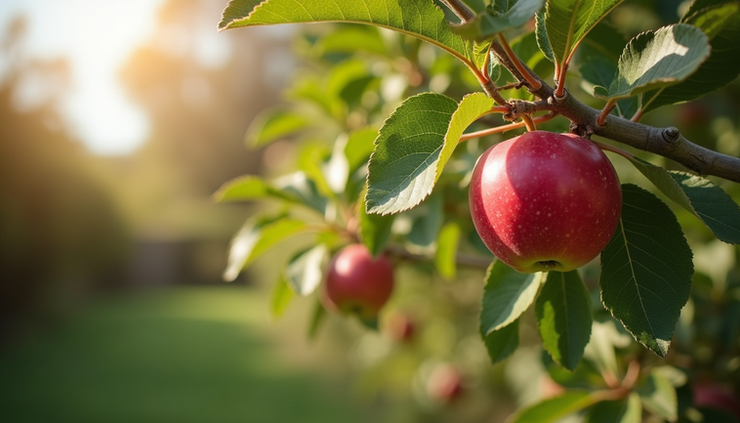 Eye-level view of a healthy apple tree with ripe fruit in a Western Australian garden