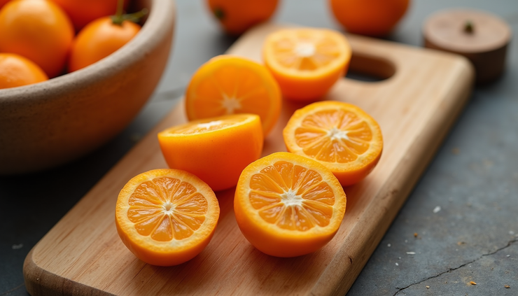 High angle view of fresh Nagami kumquats sliced on a wooden cutting board