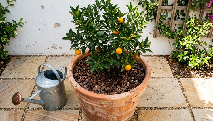 Overhead view of a potted dwarf orange tree on a sunny courtyard patio.