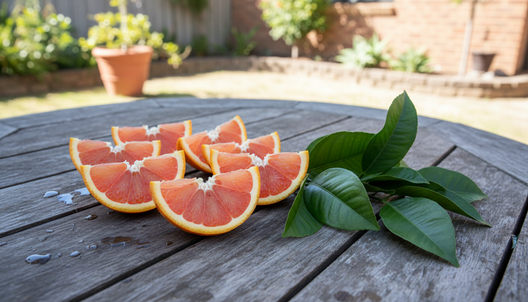 Close-up view of sliced Cara Cara oranges on a garden table beside citrus leaves.