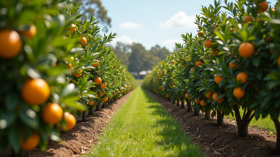 Wide angle view of a variety of citrus trees at St Clements Citrus nursery
