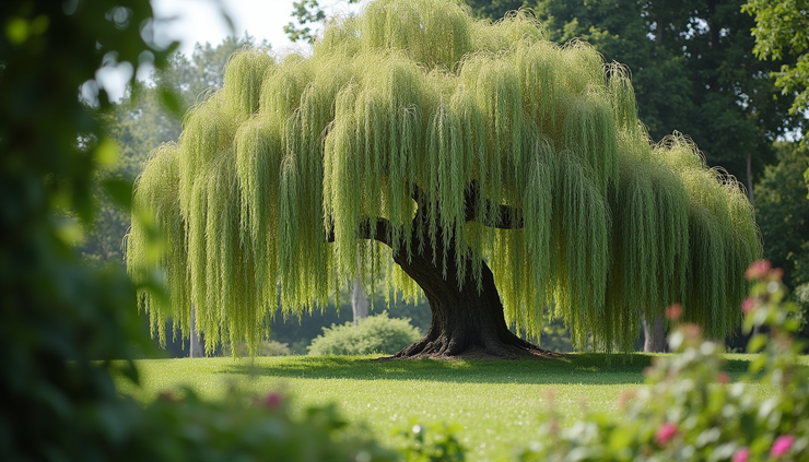 Eye-level view of a weeping mulberry tree with cascading branches in a garden