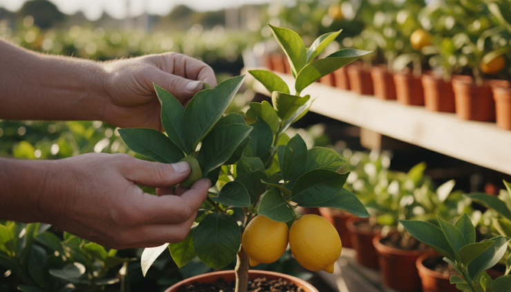 Close-up view of a gardener inspecting glossy leaves on a young lemon tree.