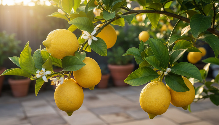 Close-up of ripe lemons hanging from a leafy branch in warm morning light.
