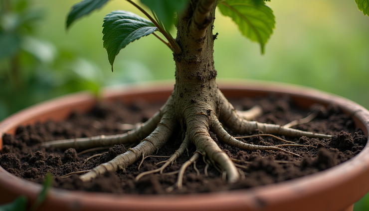 Close-up view of apple tree roots spreading in a large pot filled with rich soil
