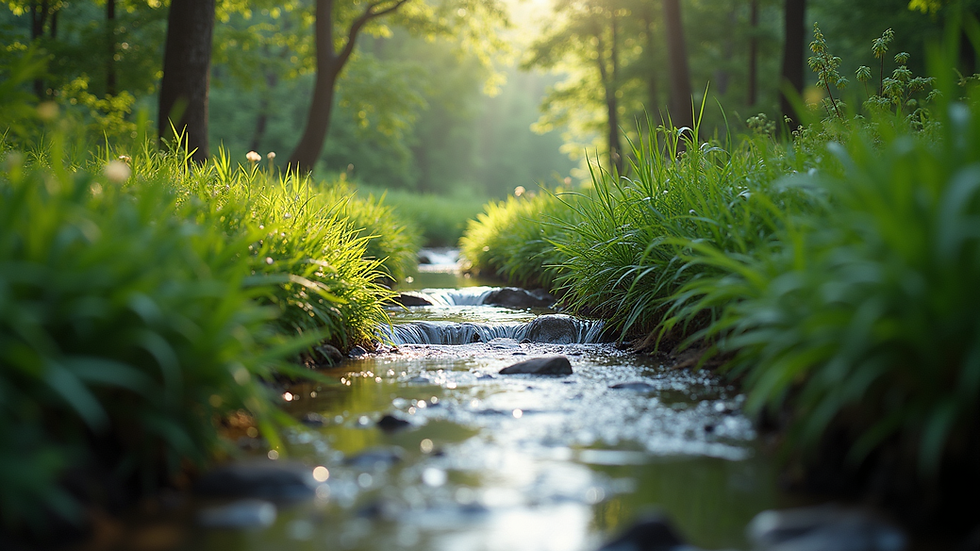 Eye-level view of a tranquil nature scene with a flowing stream