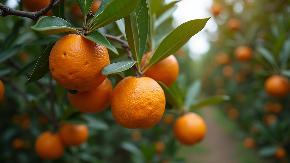 Eye-level view of a Washington Navel orange tree laden with ripe fruit