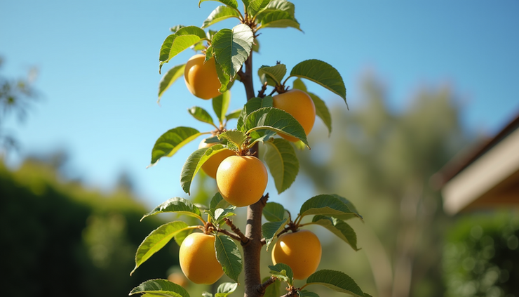 Eye-level view of a young nectarine tree planted in a backyard garden in Perth
