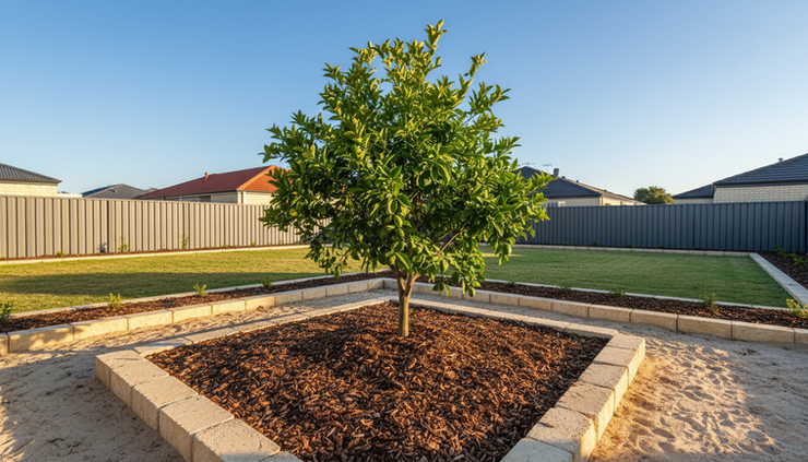 Wide-angle view of a young citrus tree growing in a sunny Perth backyard garden.