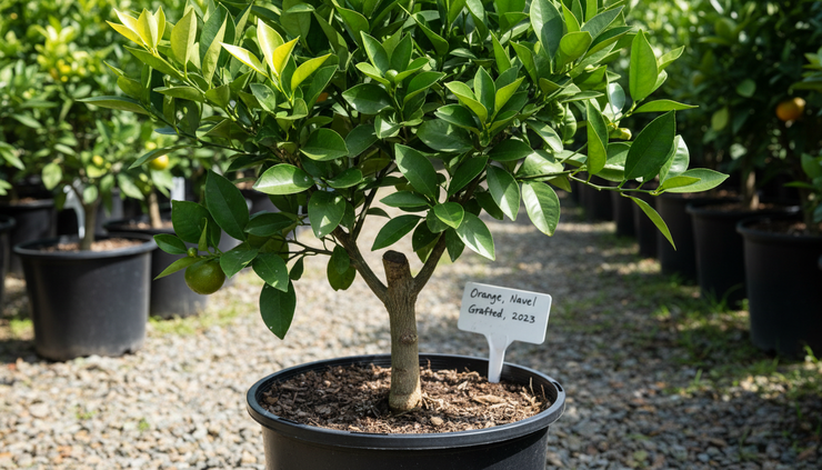 Close-up view of a young grafted orange tree in a nursery pot with a plant label