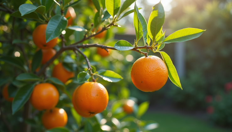 Eye-level view of a young orange tree with green leaves in a backyard garden