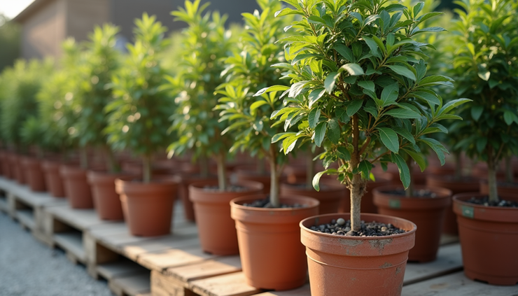 High angle view of mandarin trees in biodegradable pots ready for delivery