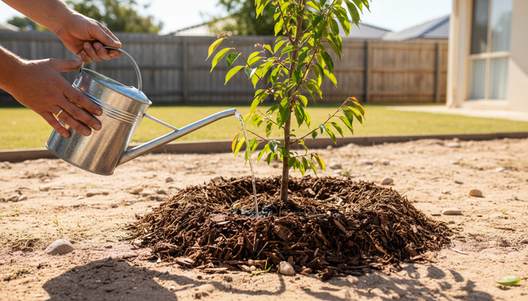 Eye-level view of a gardener watering a newly planted cherry tree beside mulch