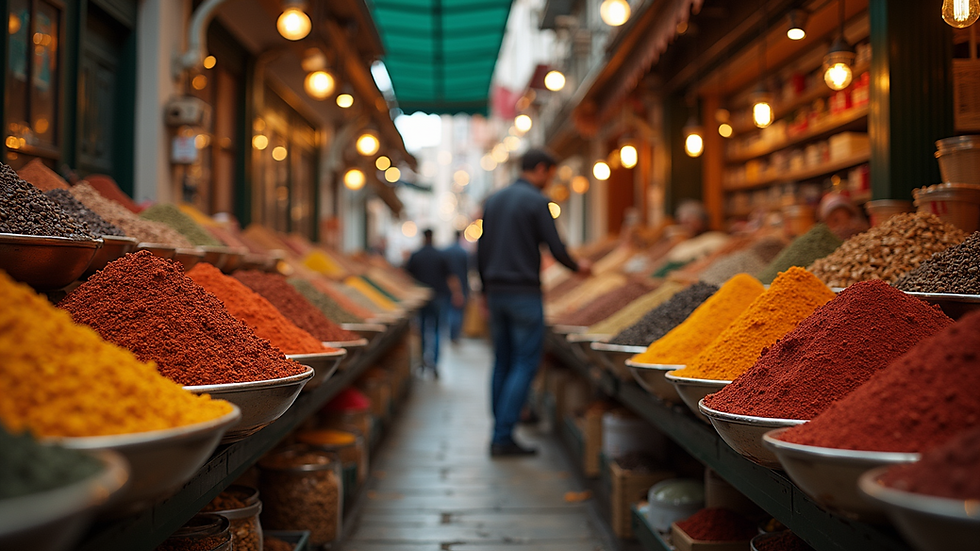 Eye-level view of a Turkish marketplace with colorful spices