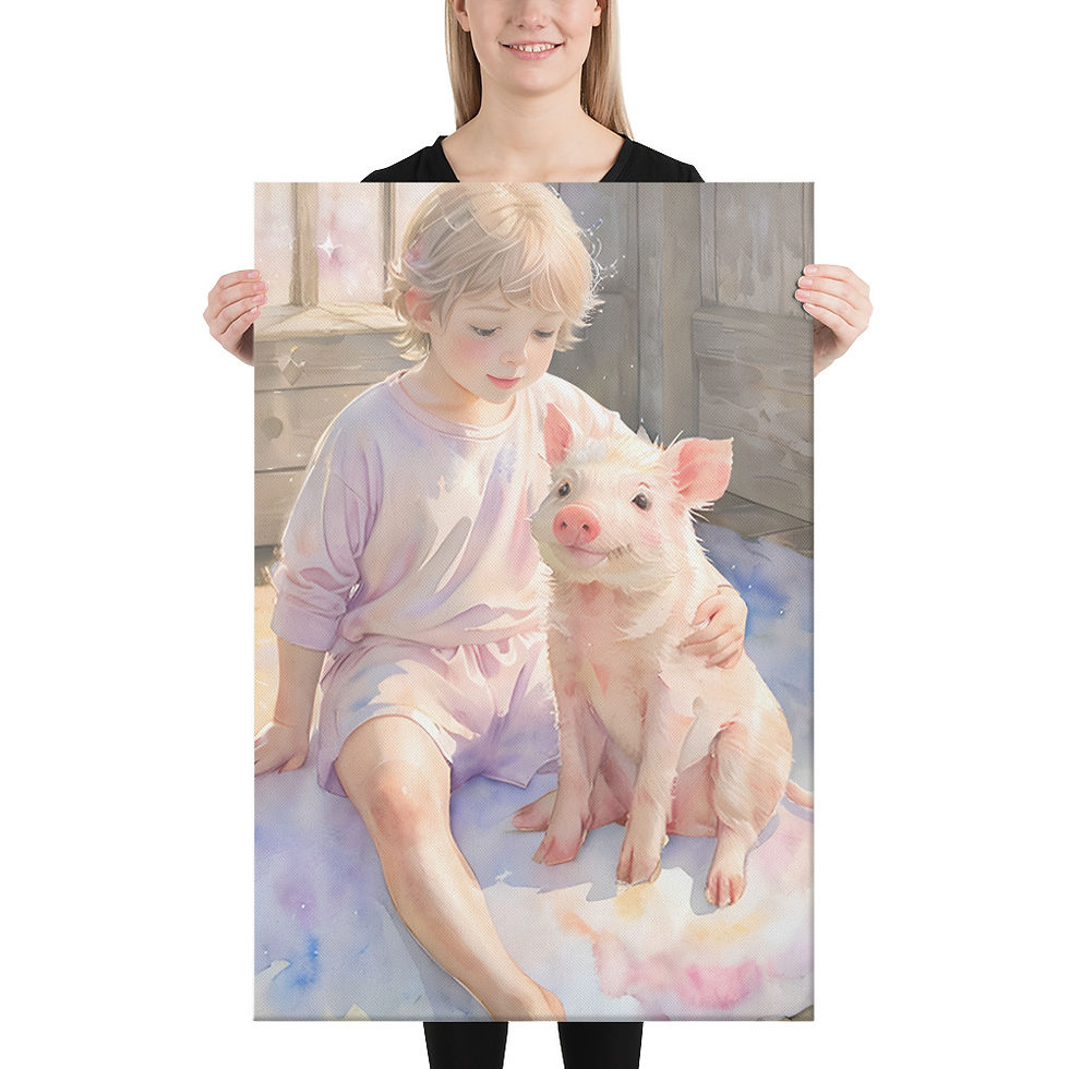 Thumbnail: Girl and Pig on Bed on Canvas