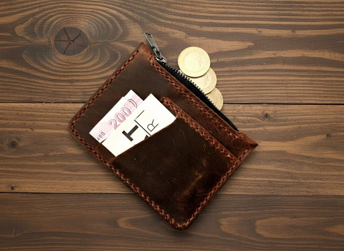 Fermuarlı Bozuk Para Bölmeli Hakiki Deri Minimalist Kartlık (Taba)