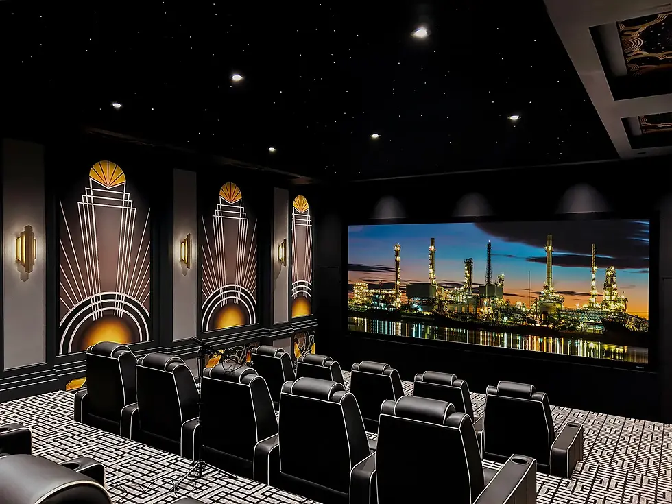 Custom Art Deco Acoustic Panels and Home Theater feauring  original art - front view