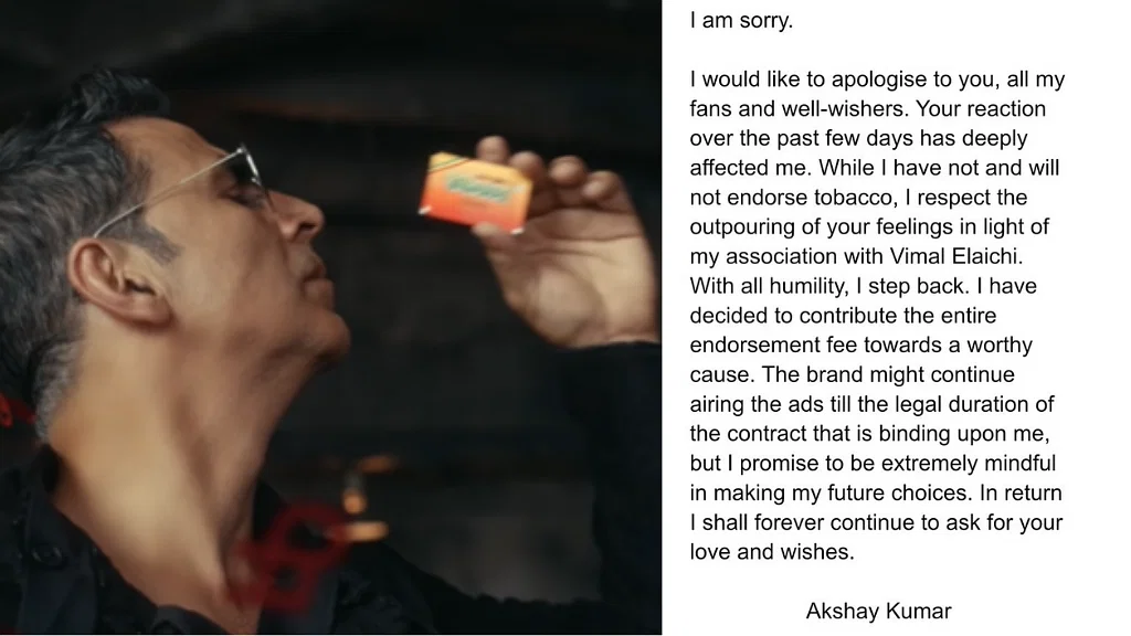 Akshay kumar apologises for endorsing pan masala brand