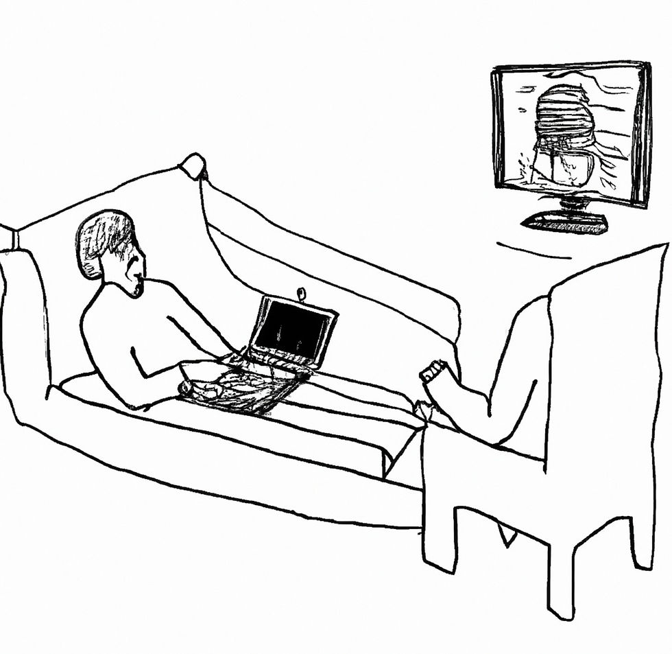 um homem deitado num divã com um computador em seu colo enquanto fala para um psicólogo com cabeça de computador sentado em uma poltrona.