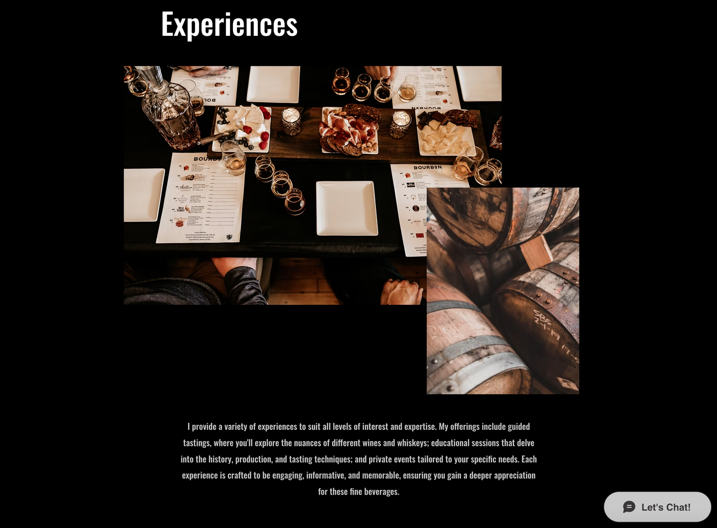 A website page featuring the Wine & Whiskey Brand’s tasting and experience offerings, with rich visuals and engaging content.