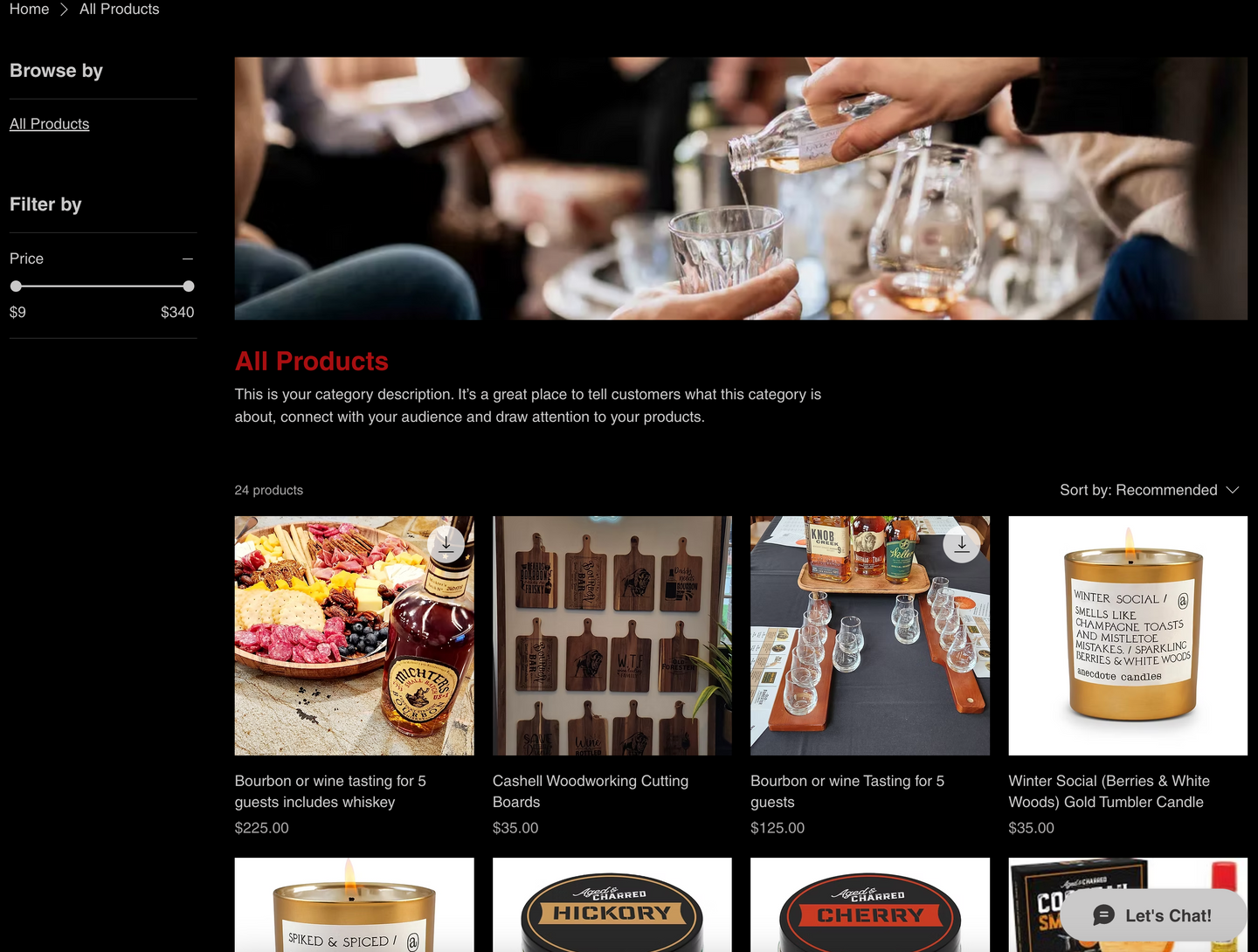 A website gallery showcasing wine and whiskey tastings, brand products, and curated tasting experiences.
