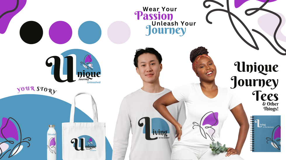 A branding concept for Unique Journey Unleashed, showcasing t-shirts, tote bags, water bottles, and notebooks with a bold and inspirational design.