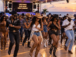 Grown folks line dancing on southern soul cruise