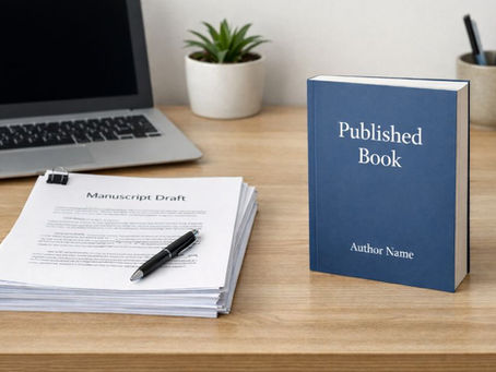 Printed manuscript pages on a desk beside a laptop and a finished paperback book, representing the transition from manuscript to published book.