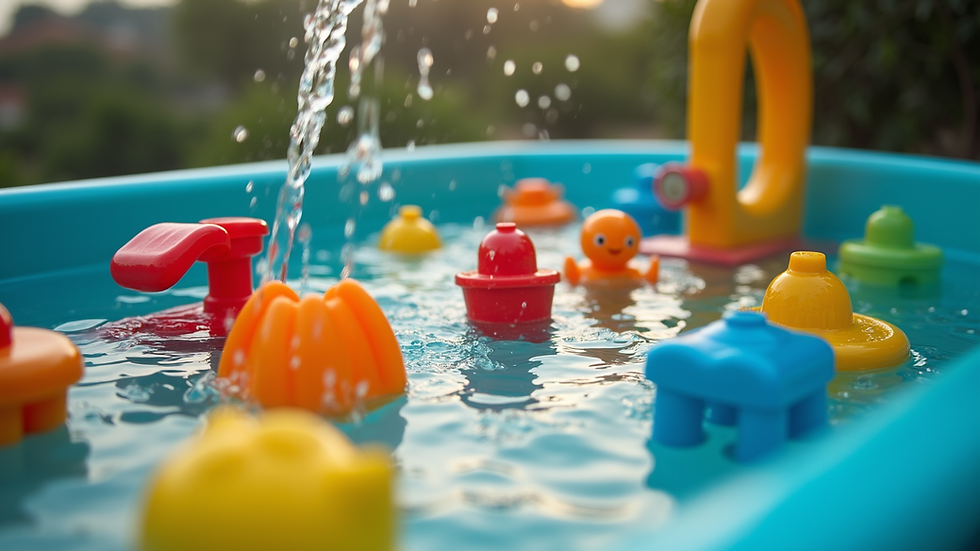 High angle view of a water table filled with colorful toys and water