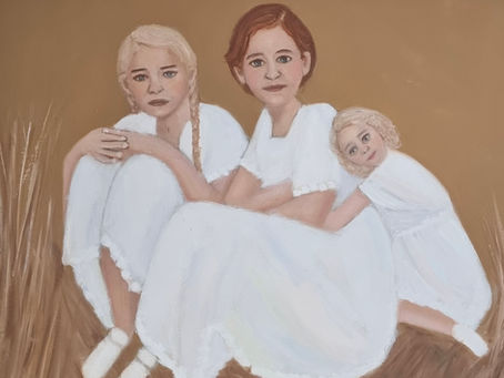 een schilderij van drie meisjes in de zomer, een herinnering