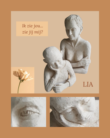 Twee keramiek beelden, een vrouw en een kind: ik zie jou, zie jij mij?