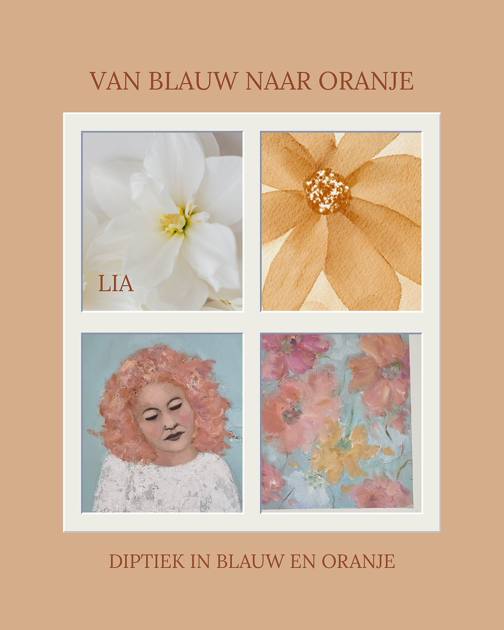 Kleuren van een innerlijke reis: een witte bloem, een diptiek van een meisje in wit en bloemen in blauw en oranje, en een oranje bloem tot slot