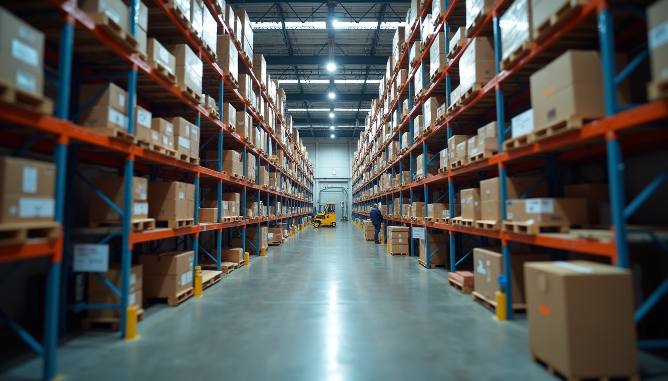 High angle view of a warehouse with automated inventory management system