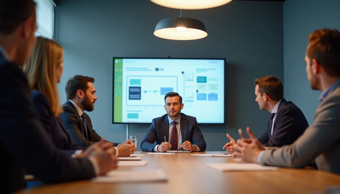 Eye-level view of a group meeting discussing digital transformation