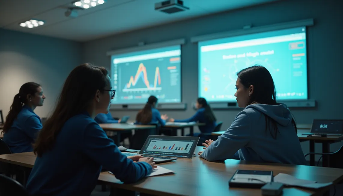 High angle view of a classroom with students using AI-assisted learning tools