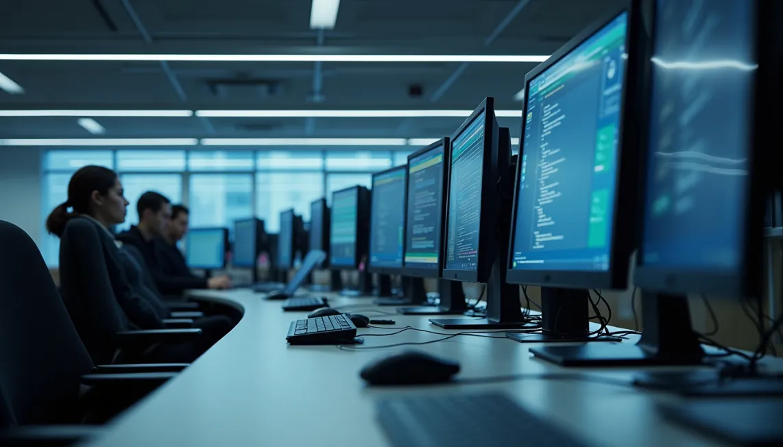 Eye-level view of a modern office workspace with multiple computer screens