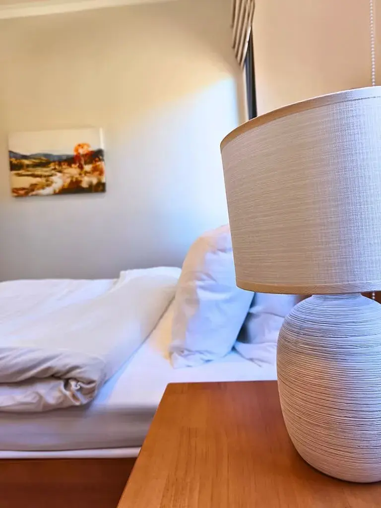 High angle view of a modern bedroom with minimalist furniture