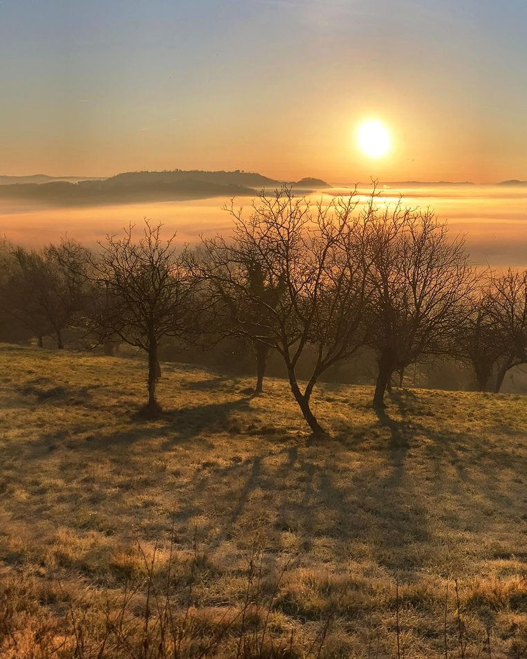 The morning sun rises over the misty valleys of the Perigord