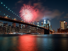Wide angle view of the Brooklyn Bridge with fireworks in the background (taken from the Brooklyn side). 