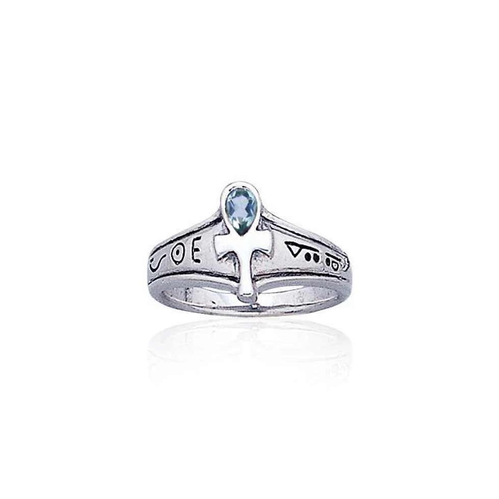 Thumbnail: Silver ring with ankh symbol and light blue oval gemstone